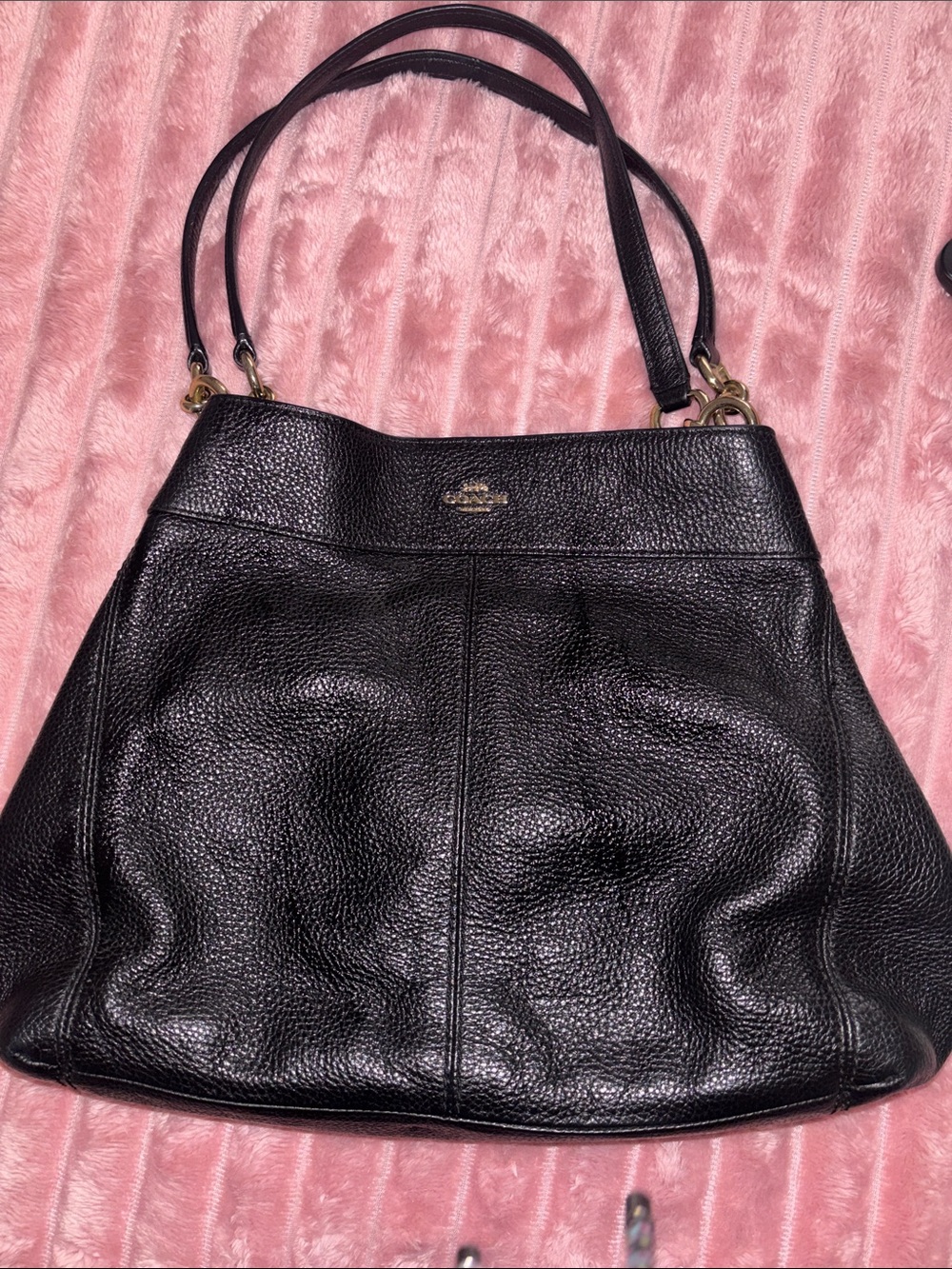 Coach Lexy Black Pebbled Leather Double-Handle Shoulder Bag with Gold Hardware